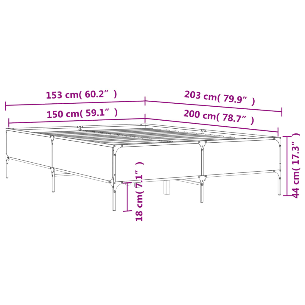 Bettgestell Grau Sonoma 150x200 cm Holzwerkstoff und Metall