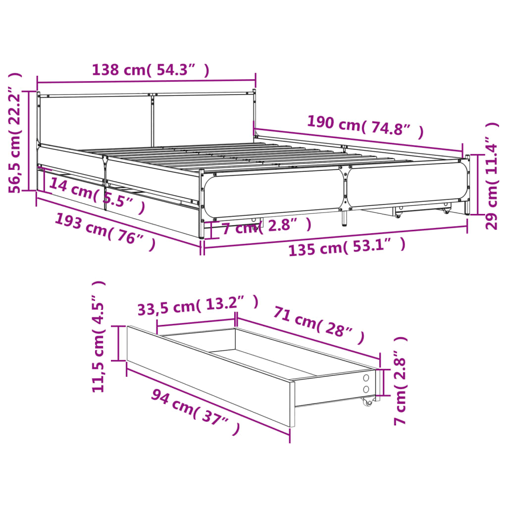 Bettgestell mit Schubladen Schwarz 135x190 cm Holzwerkstoff