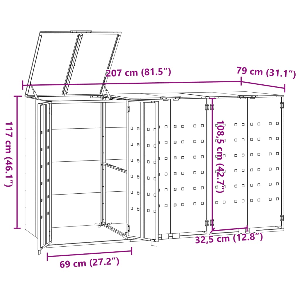 Mülltonnenbox für 3 Tonnen Schwarz 207x79x117 cm Stahl