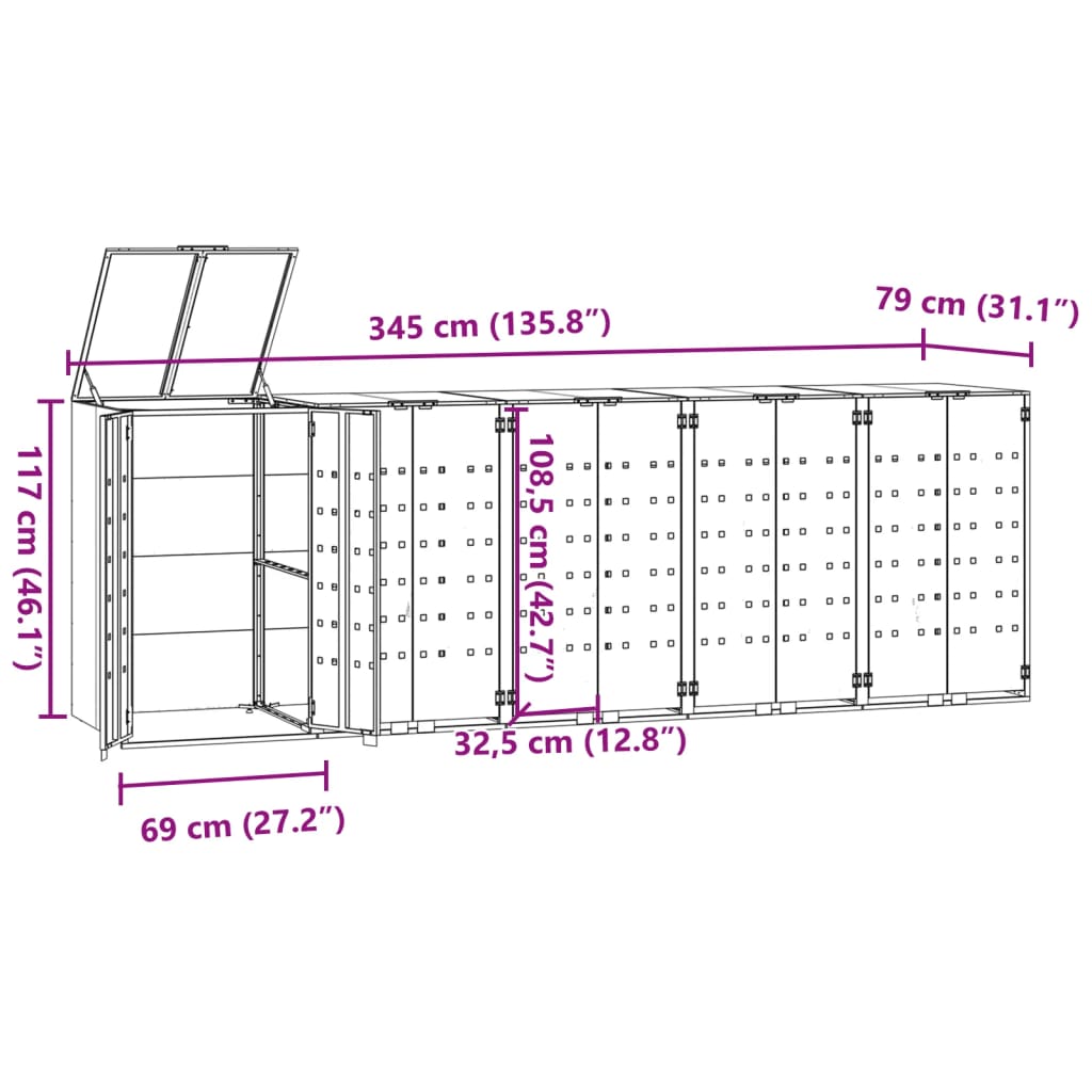 Mülltonnenbox für 5 Tonnen Grau 345x79x117 cm Stahl