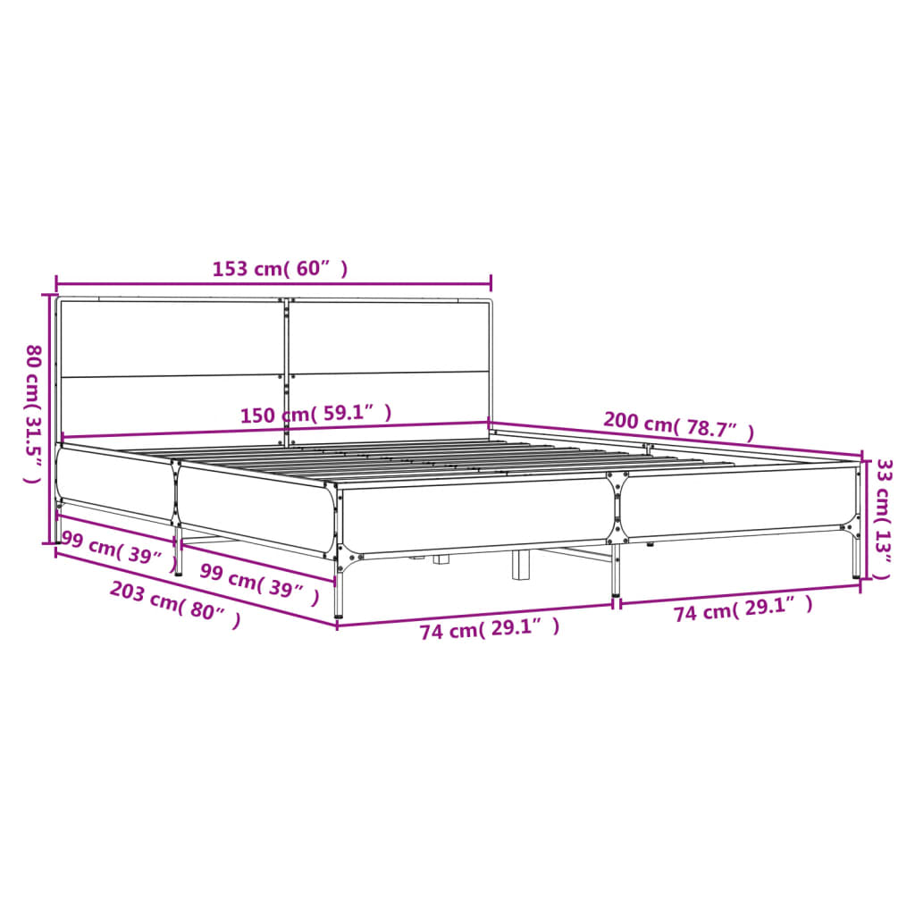Bettgestell Sonoma-Eiche 150x200 cm Holzwerkstoff und Metall