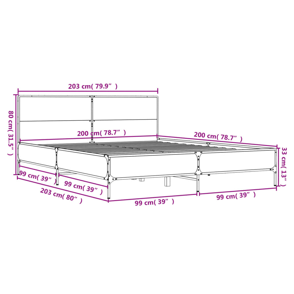 Bettgestell Grau Sonoma 200x200 cm Holzwerkstoff und Metall