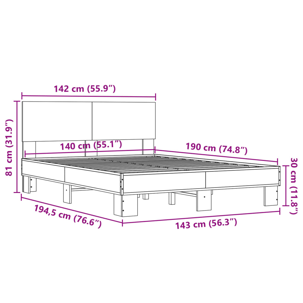 Bettgestell Grau Sonoma 140x190 cm Holzwerkstoff und Metall