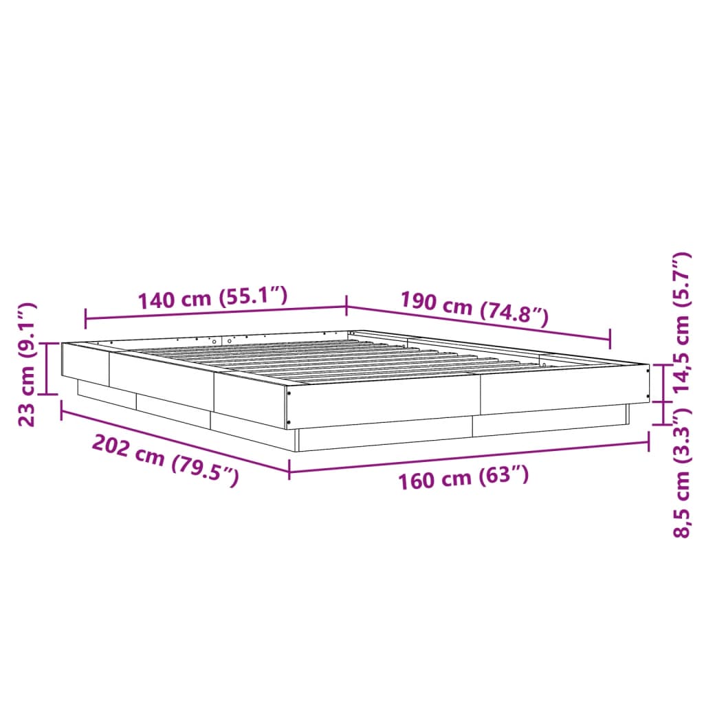 Bettgestell Betongrau 140x190 cm Holzwerkstoff