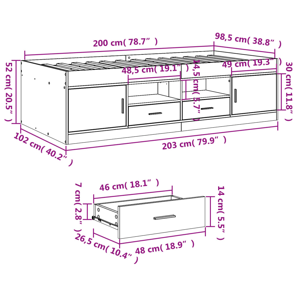 Tagesbett mit Schubladen ohne Matratze Grau Sonoma 100x200 cm