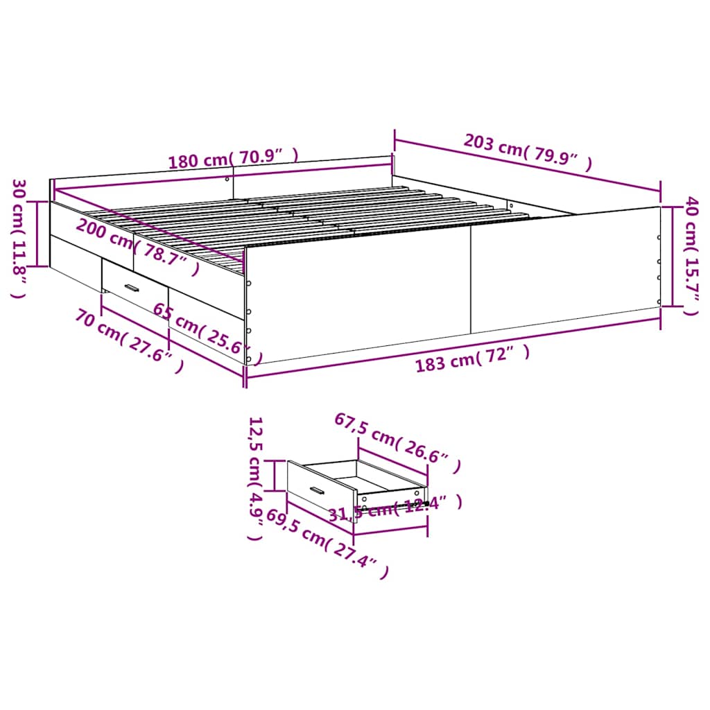 Bettgestell mit Schubladen Grau Sonoma 180x200cm Holzwerkstoff