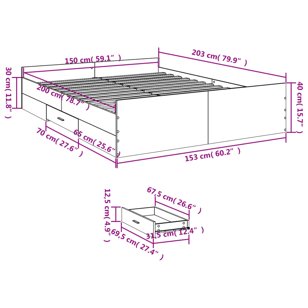 Bettgestell mit Schubladen Grau Sonoma 150x200 cm Holzwerkstoff