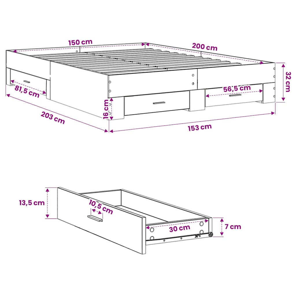 Bettgestell mit Schubladen Sonoma-Eiche 150x200cm Holzwerkstoff