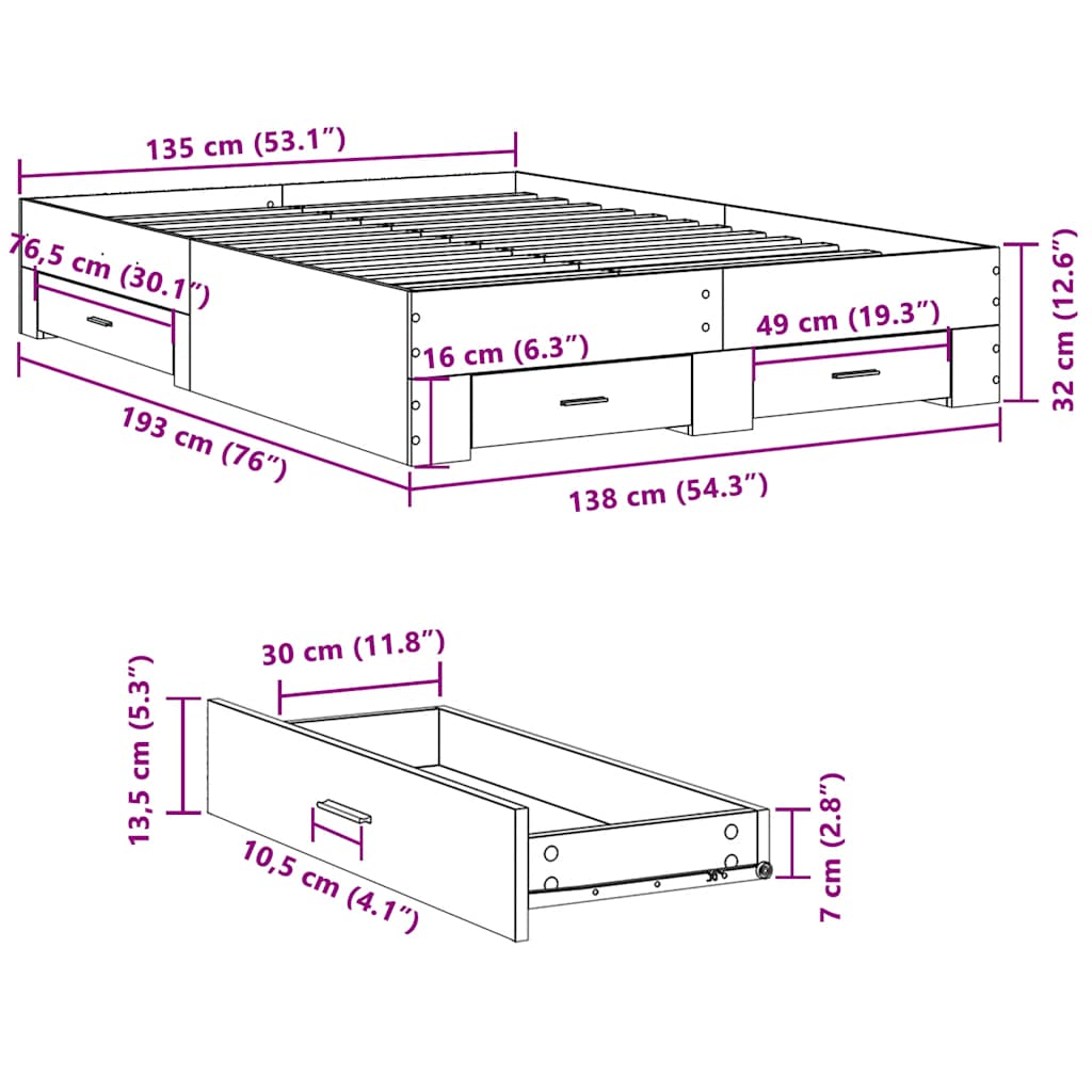 Bettgestell mit Schubladen Sonoma-Eiche 135x190cm Holzwerkstoff