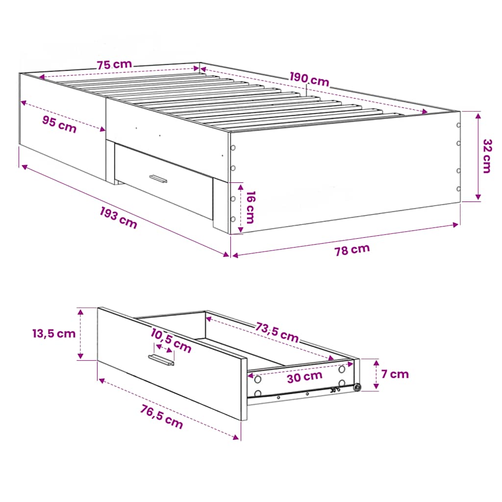 Bettgestell mit Schubladen Betongrau 75x190 cm Holzwerkstoff