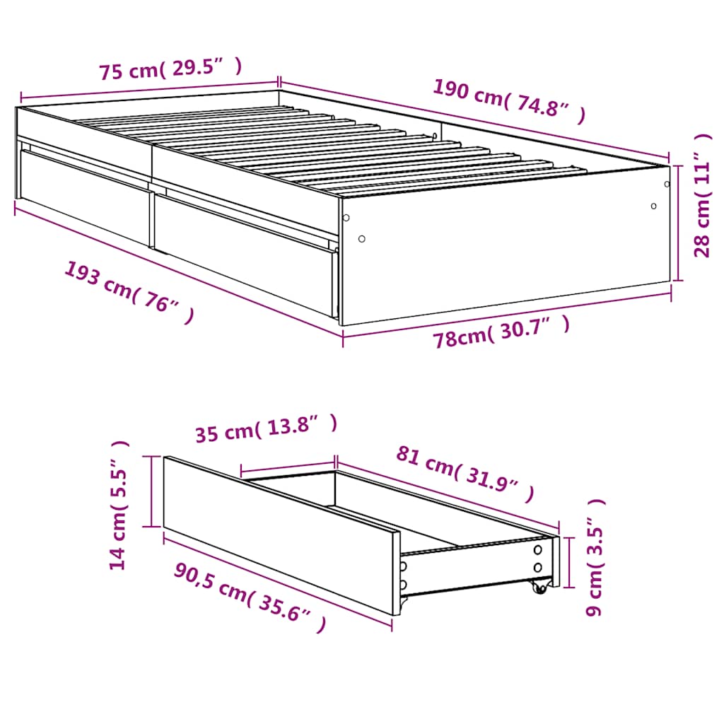 Bettgestell mit Schubladen Sonoma-Eiche 75x190 cm Holzwerkstoff