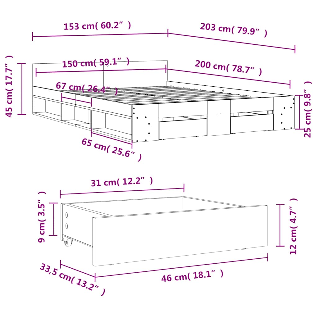 Bettgestell mit Schubladen Grau Sonoma 150x200 cm Holzwerkstoff