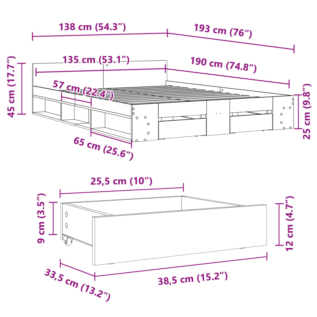 Bettgestell mit Schubladen Grau Sonoma 135x190 cm Holzwerkstoff