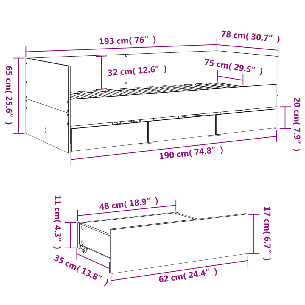 Tagesbett mit Schubladen ohne Matratze Betongrau 75x190 cm