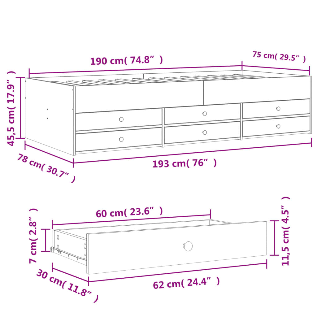 Tagesbett mit Schubladen ohne Matratze 75x190 cm