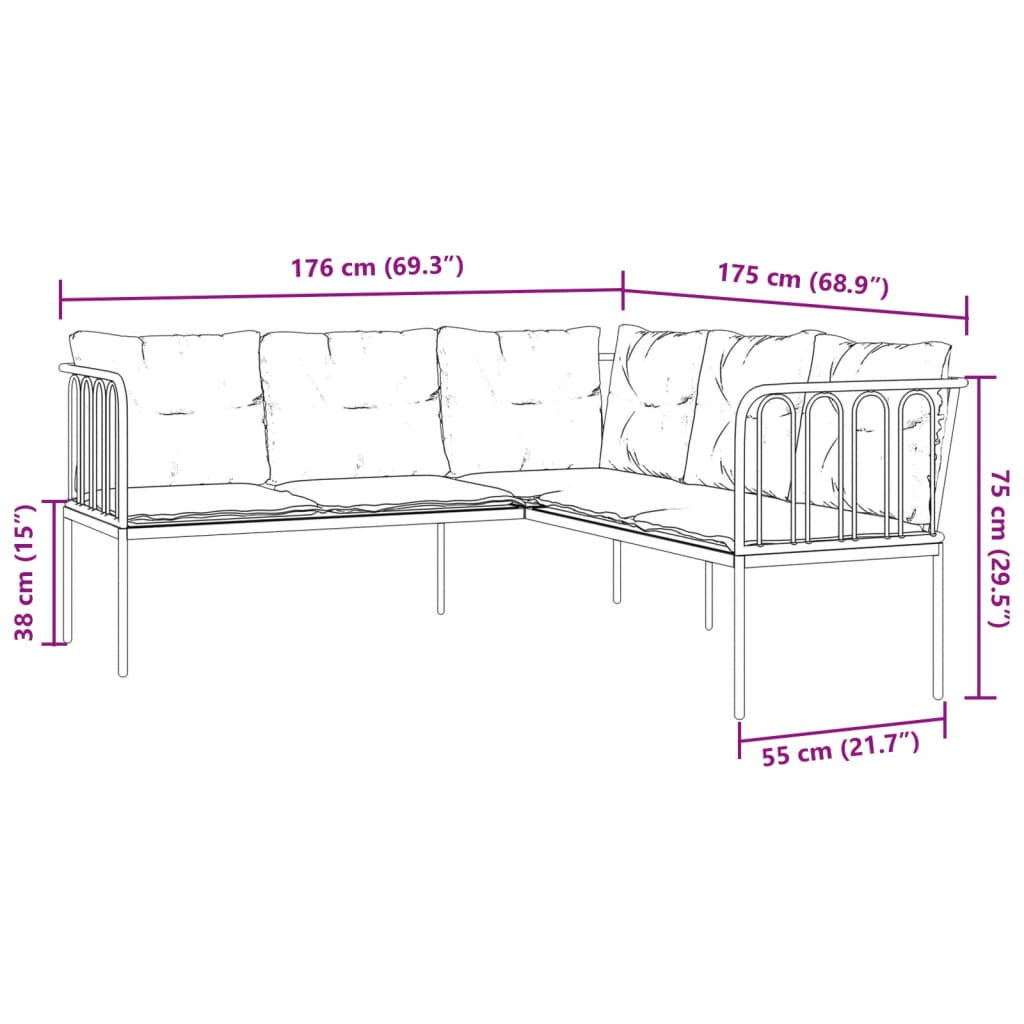 Gartensofa in L-Form mit Kissen Schwarz Stahl und Textilene