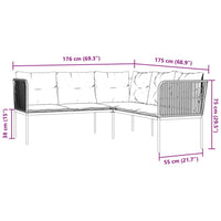 Gartensofa in L-Form mit Kissen Schwarz Stahl und Textilene