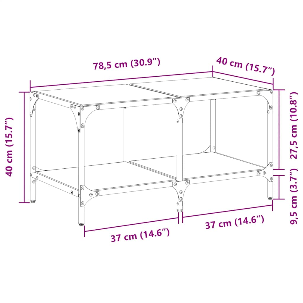 Couchtisch mit Glasplatte Transparent 78,5x40x40 cm Stahl