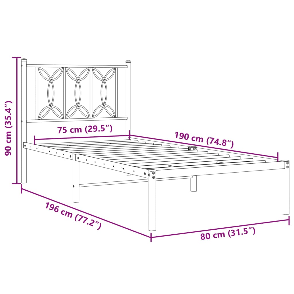 Bettgestell mit Kopfteil Metall Schwarz 75x190 cm