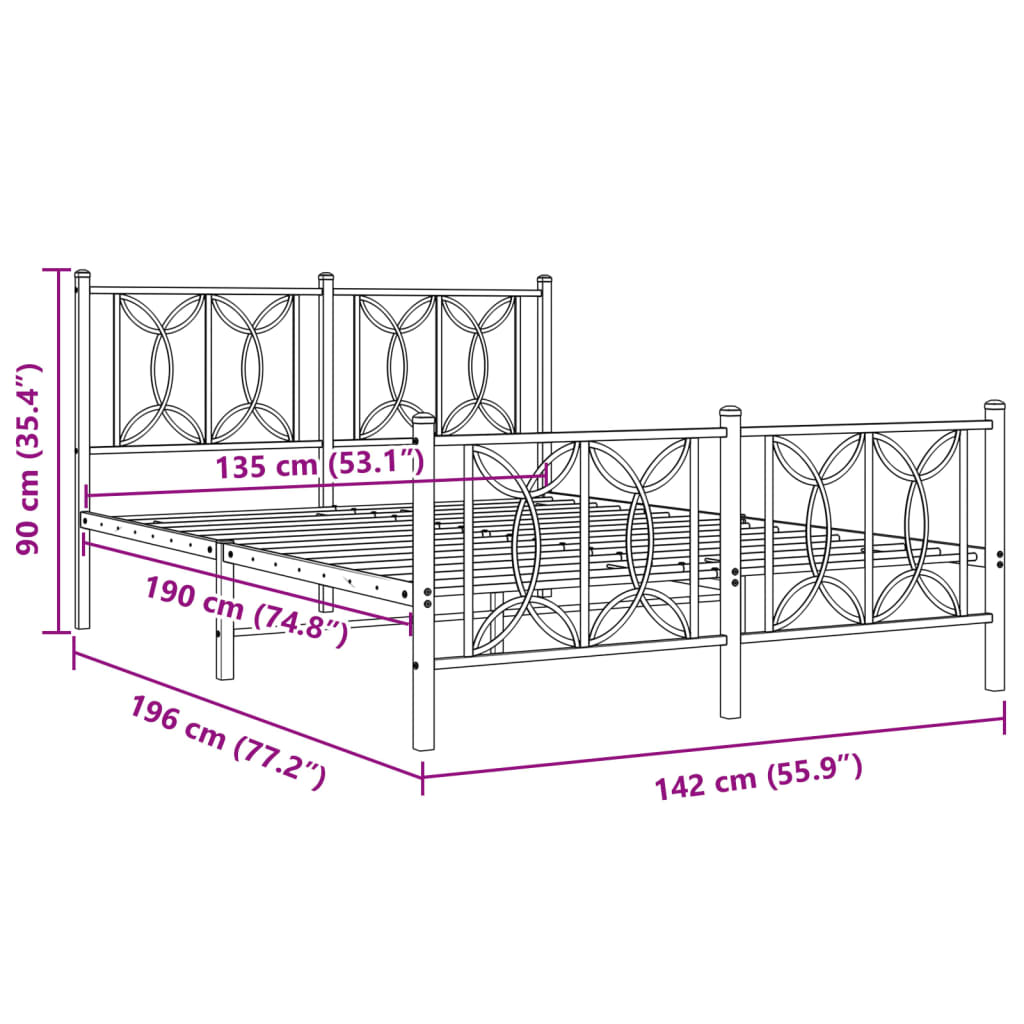 Bettgestell mit Kopf- und Fußteil Metall Schwarz 135x190 cm