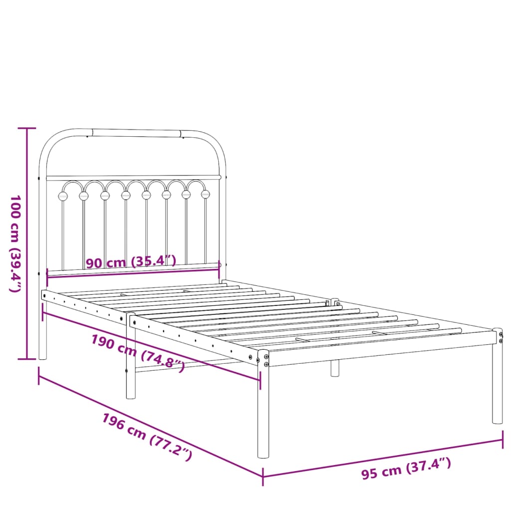 Bettgestell mit Kopfteil Metall Schwarz 90x190 cm