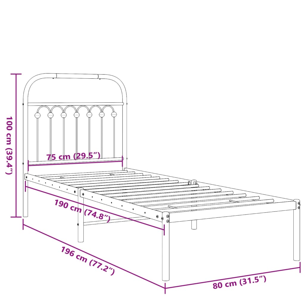 Metallbett ohne Matratze mit Kopfteil Weiß 75x190 cm