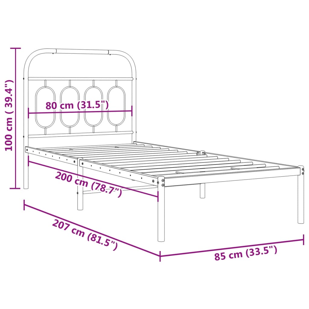 Bettgestell mit Kopfteil Metall Schwarz 80x200 cm