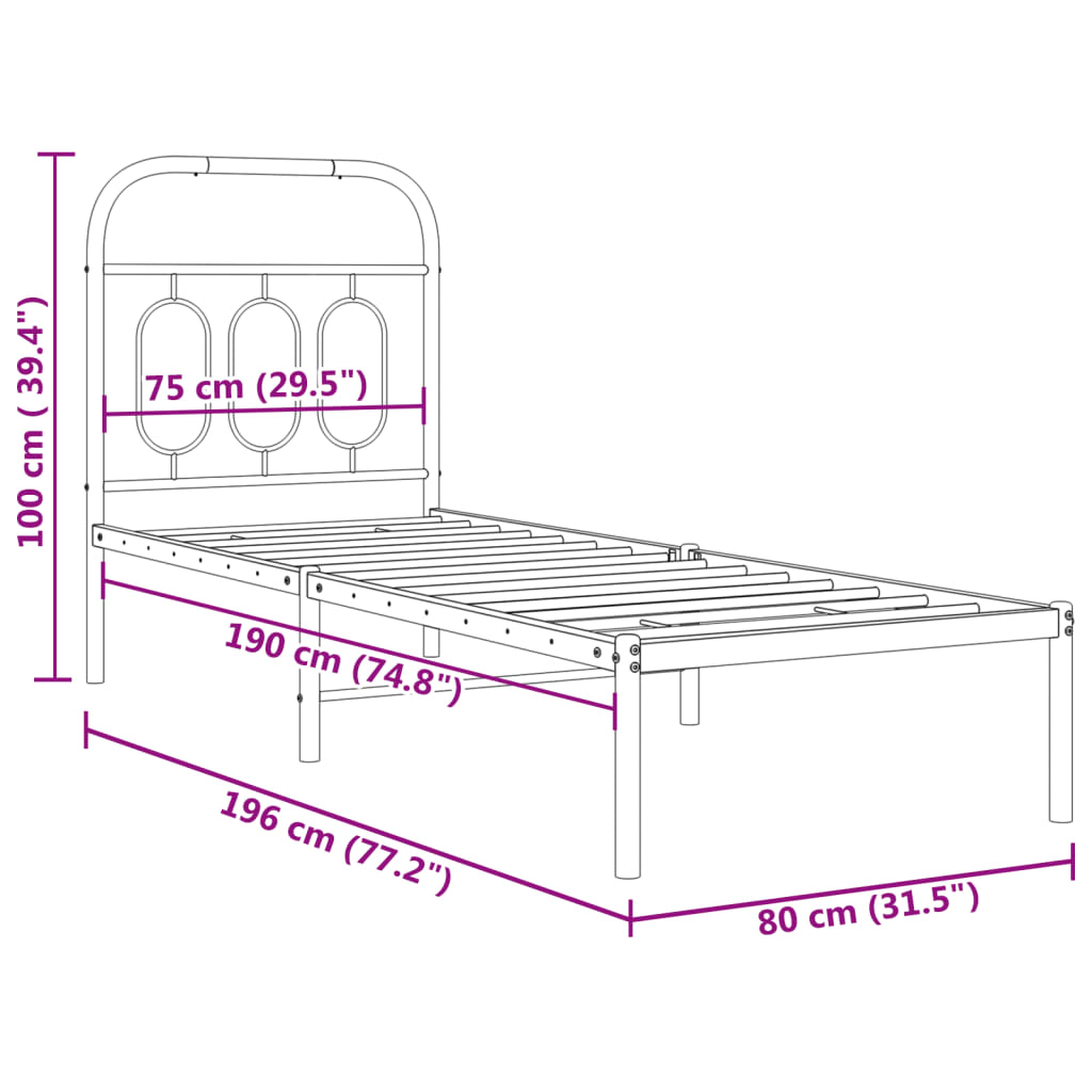 Metallbett ohne Matratze mit Kopfteil Weiß 75x190 cm