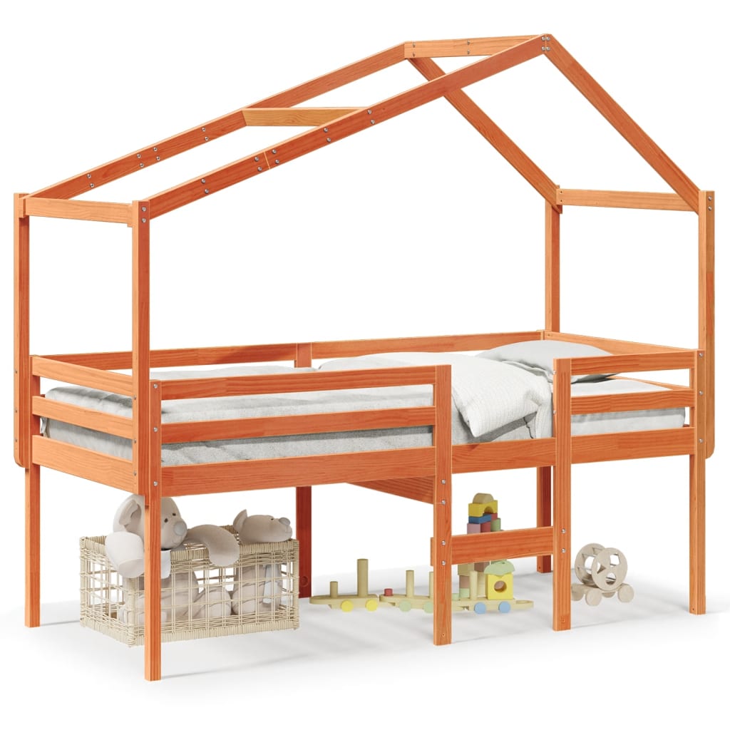 Hochbett mit Dach Wachsbraun 90x190 cm Massivholz Kiefer