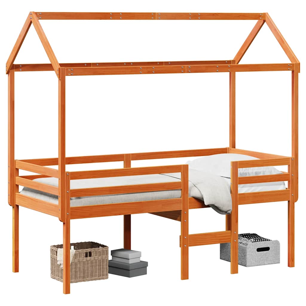 Hochbett mit Dach Wachsbraun 75x190 cm Massivholz Kiefer