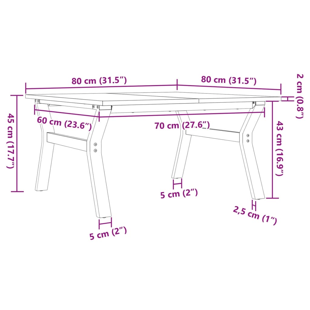 Couchtisch Y-Gestell 80x80x45cm Massivholz Kiefer und Stahl
