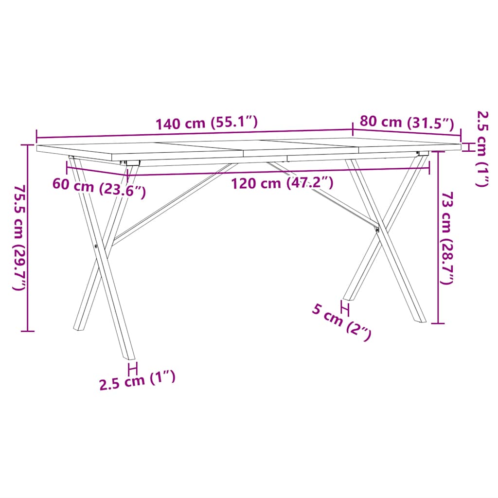 Esstisch X-Gestell 140x80x75,5 cm Massivholz Kiefer & Stahl