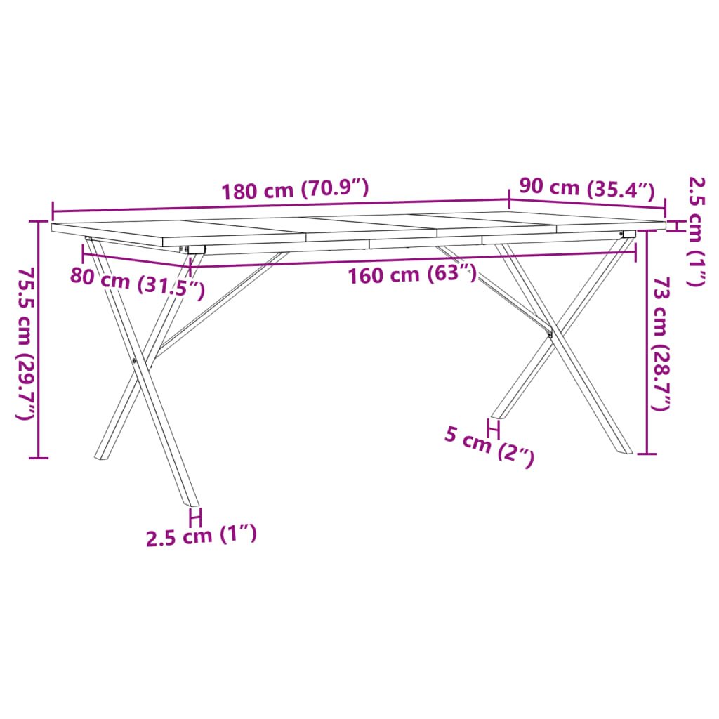 Esstisch X-Gestell 180x90x75,5 cm Massivholz Kiefer & Stahl
