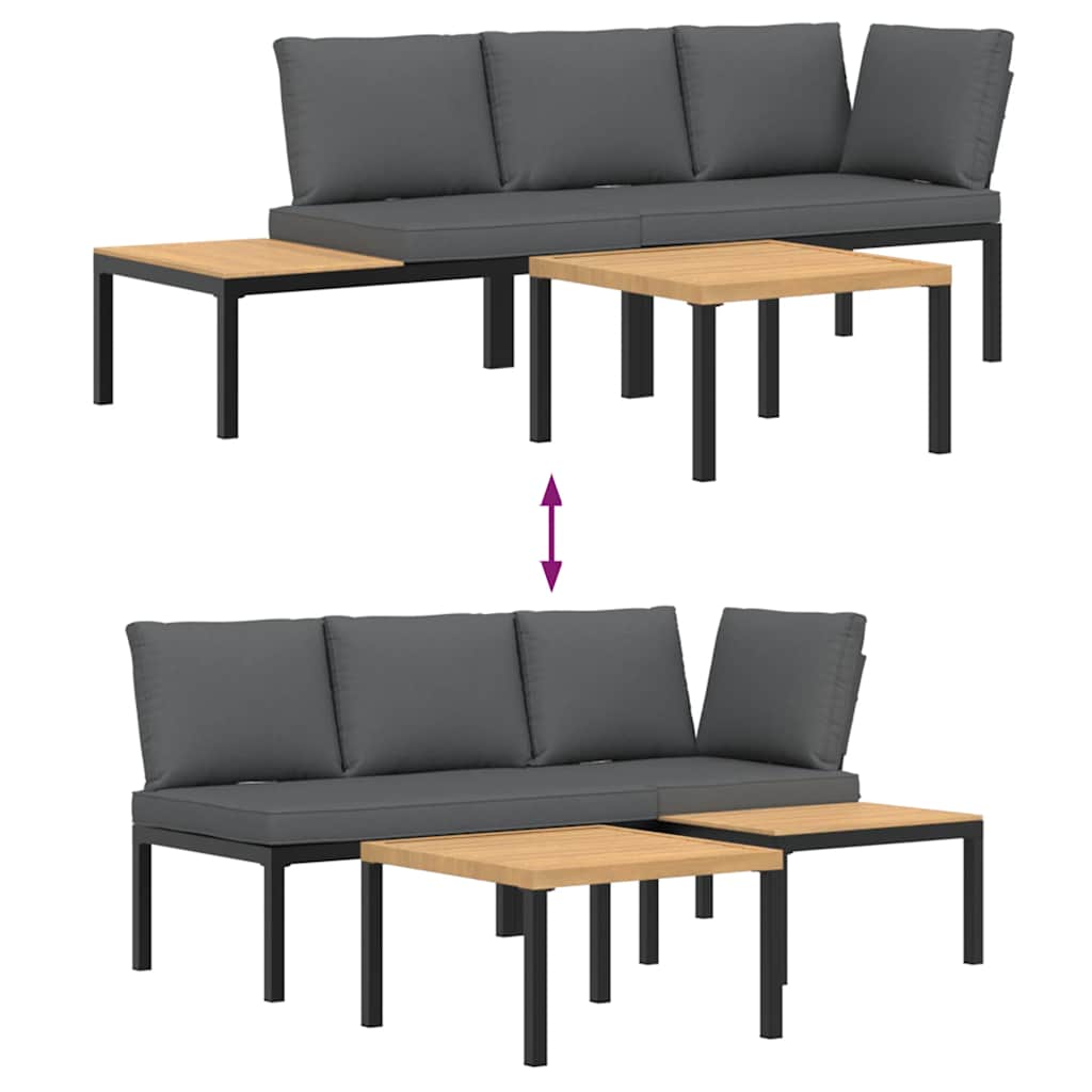 3-tlg. Garten-Sofagarnitur mit Kissen Schwarz Aluminium