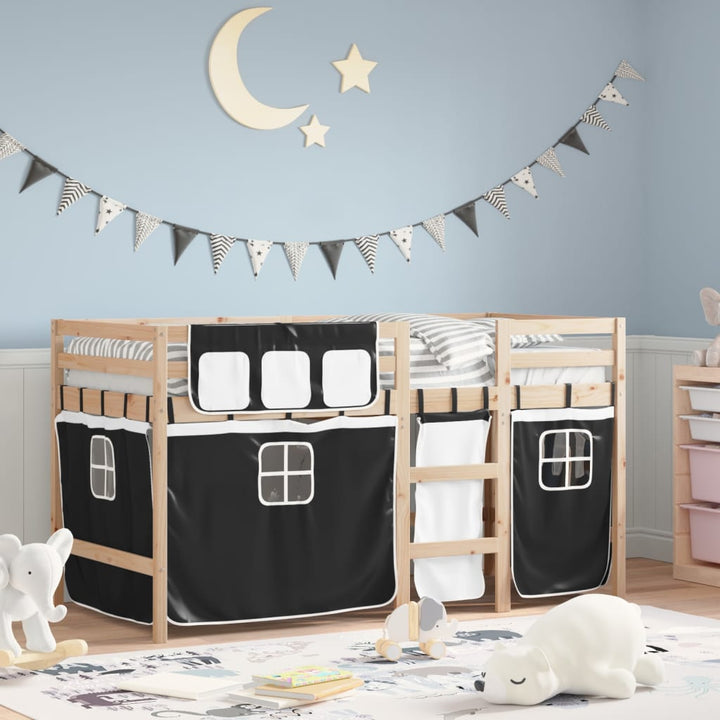 Kinderhochbett mit Vorhängen Weiß und Schwarz Massivholz Kiefer