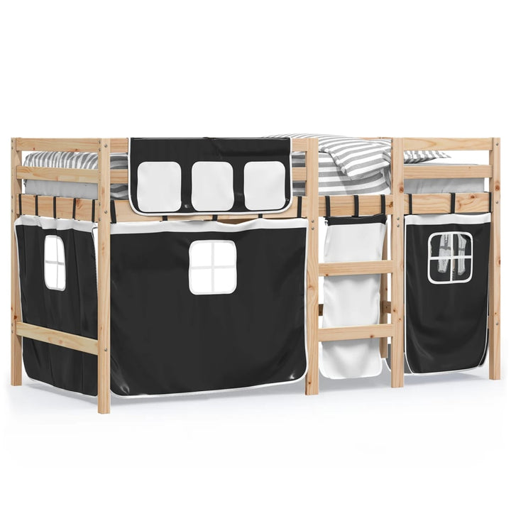 Kinderhochbett mit Vorhängen Weiß Schwarz 90x190 cm Kiefernholz