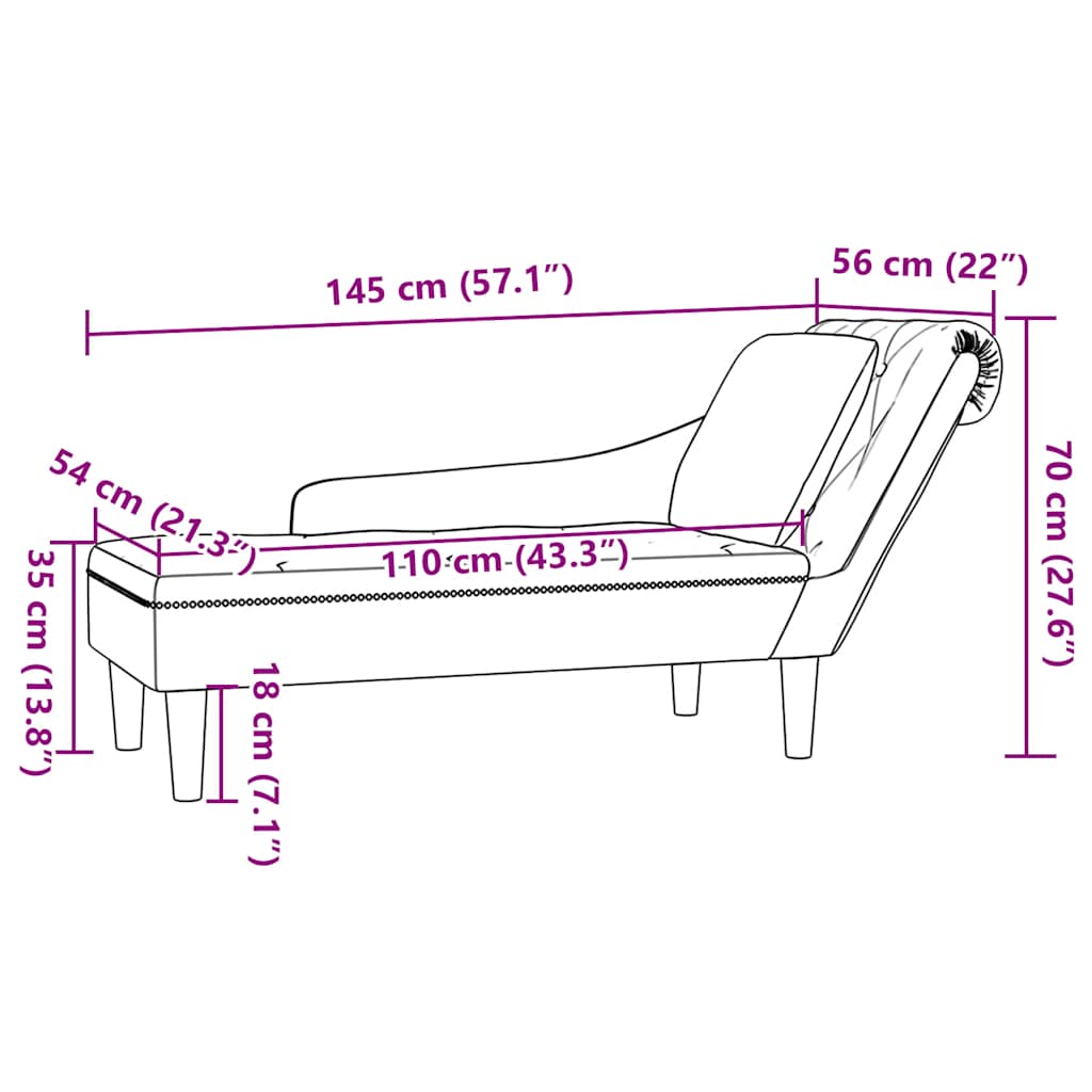 Chaiselongue mit Kissen und Rechter Armlehne Creme Samt