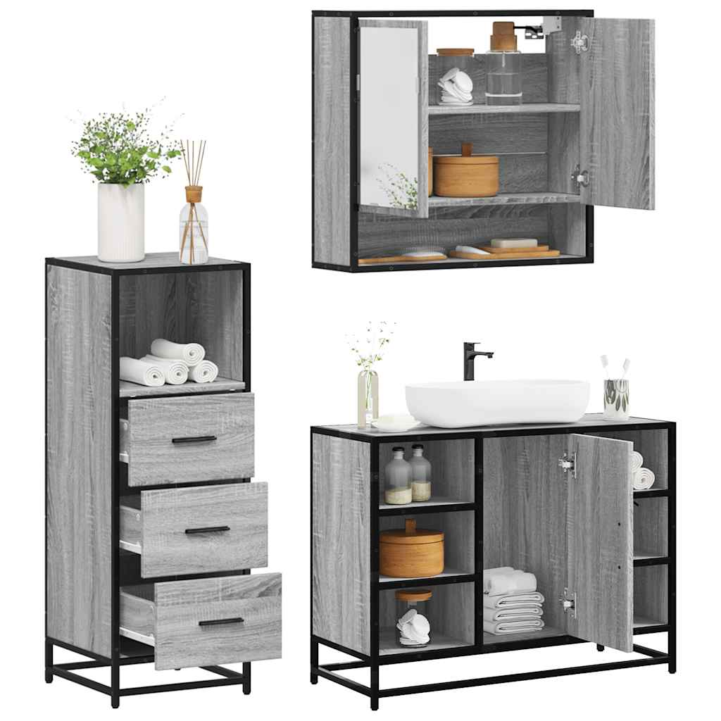 3-tlg. Badmöbel-Set Grau Sonoma Holzwerkstoff