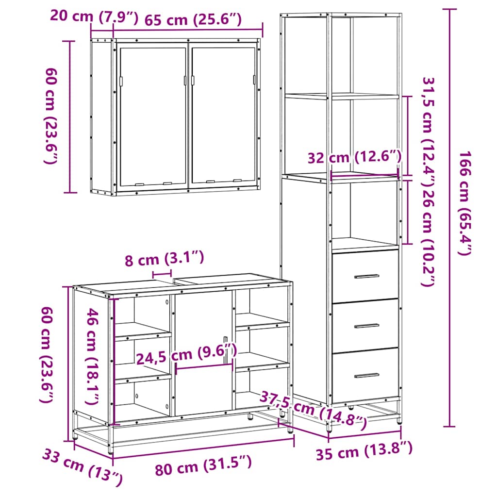 3-tlg. Badmöbel-Set Räuchereiche Holzwerkstoff