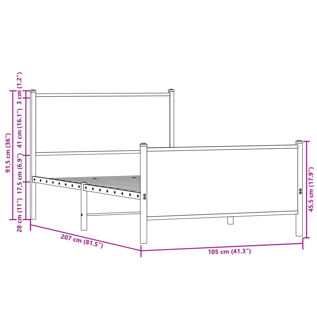 Metallbett ohne Matratze Räuchereiche 100x200 cm