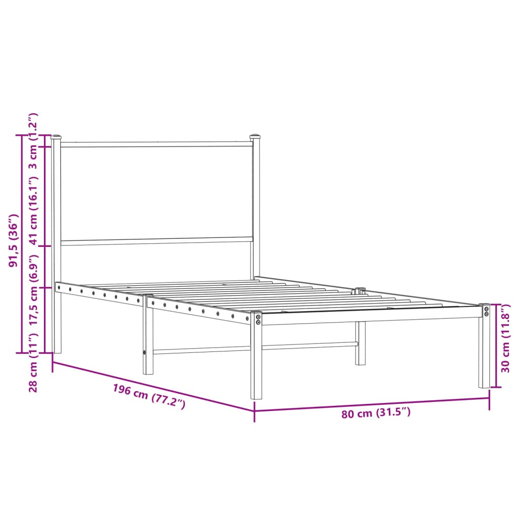 Metallbett ohne Matratze Braun Eichen-Optik 75x190 cm