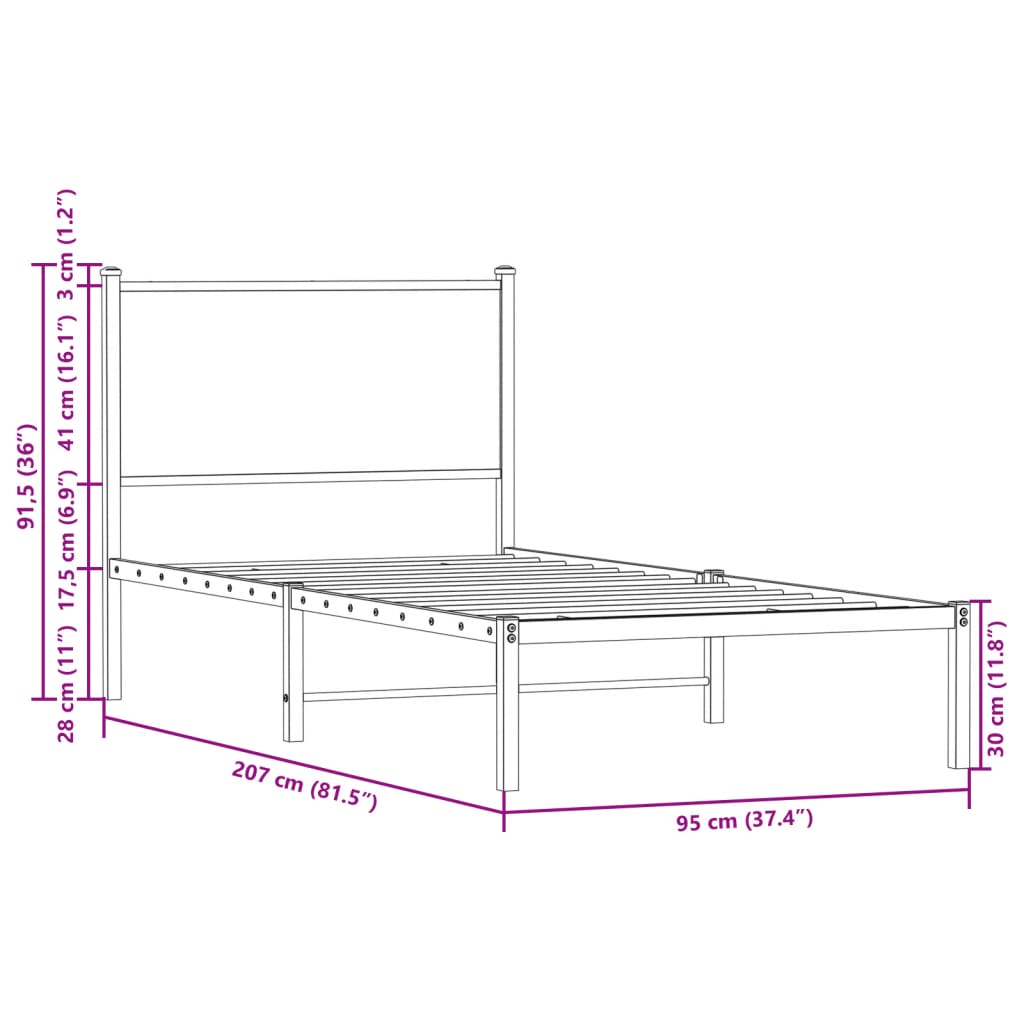 Metallbett ohne Matratze Braun Eichen-Optik 90x200 cm