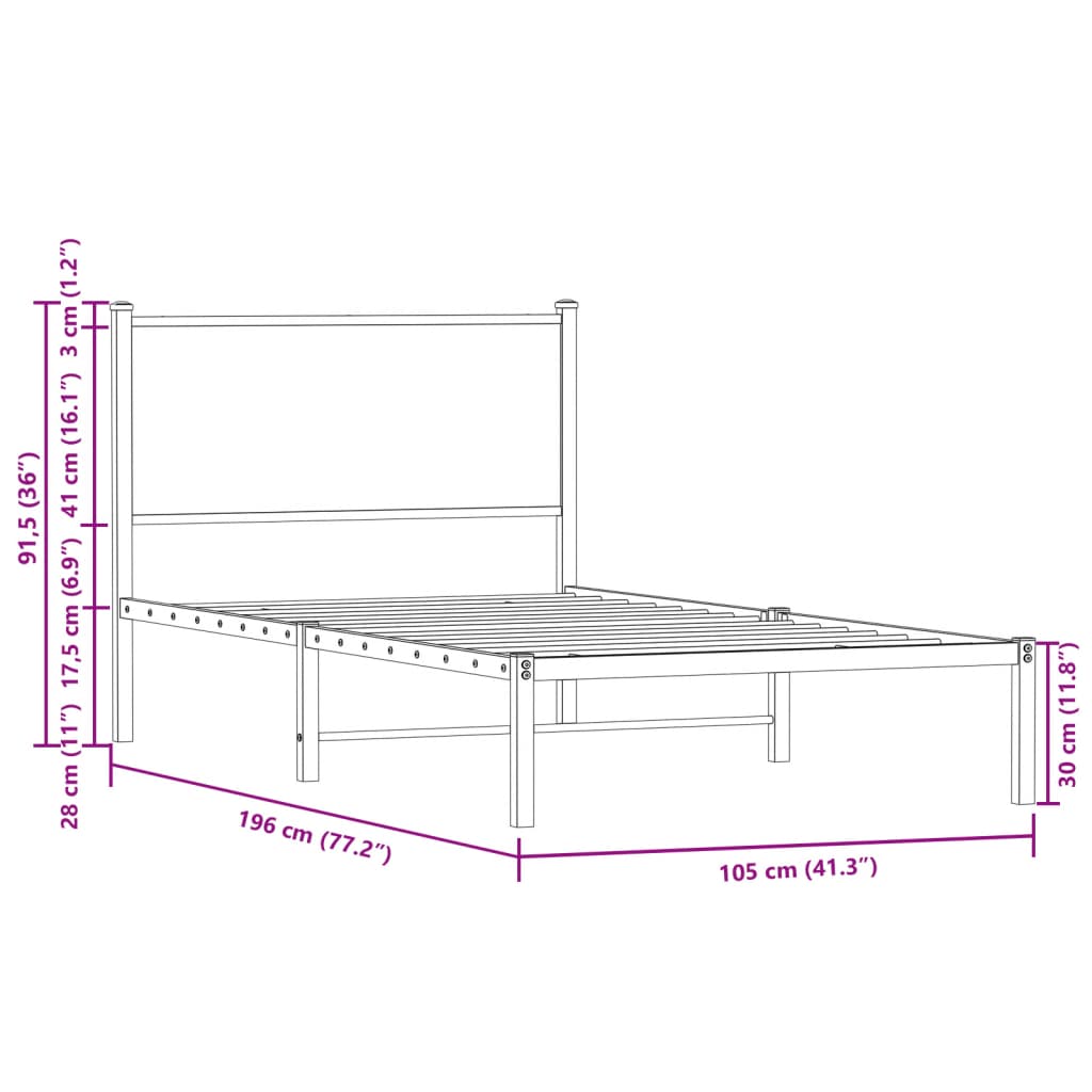 Metallbett ohne Matratze Braun Eichen-Optik 100x190 cm