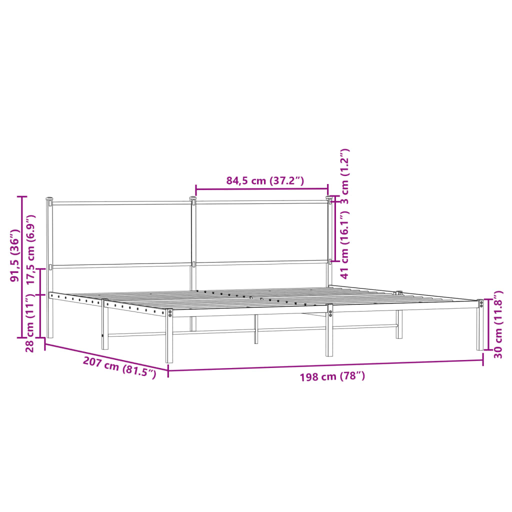 Metallbett ohne Matratze Braun Eichen-Optik 193x203 cm