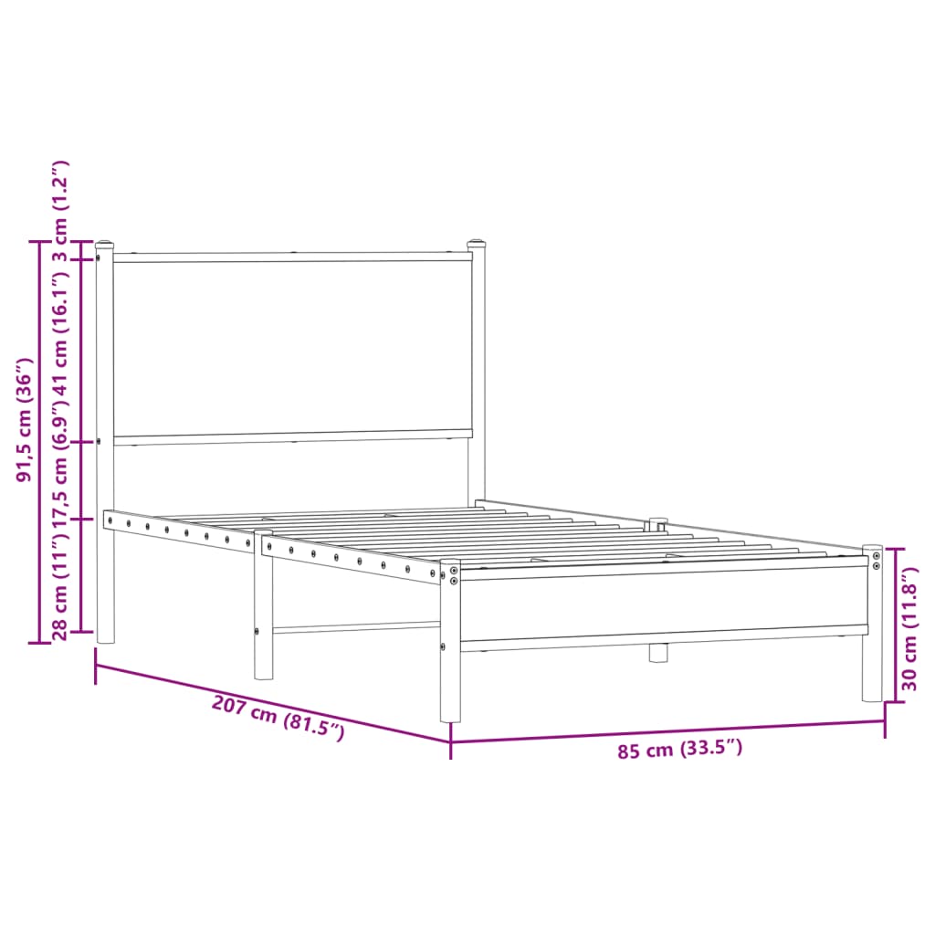 Metallbett ohne Matratze Braun Eichen-Optik 80x200 cm