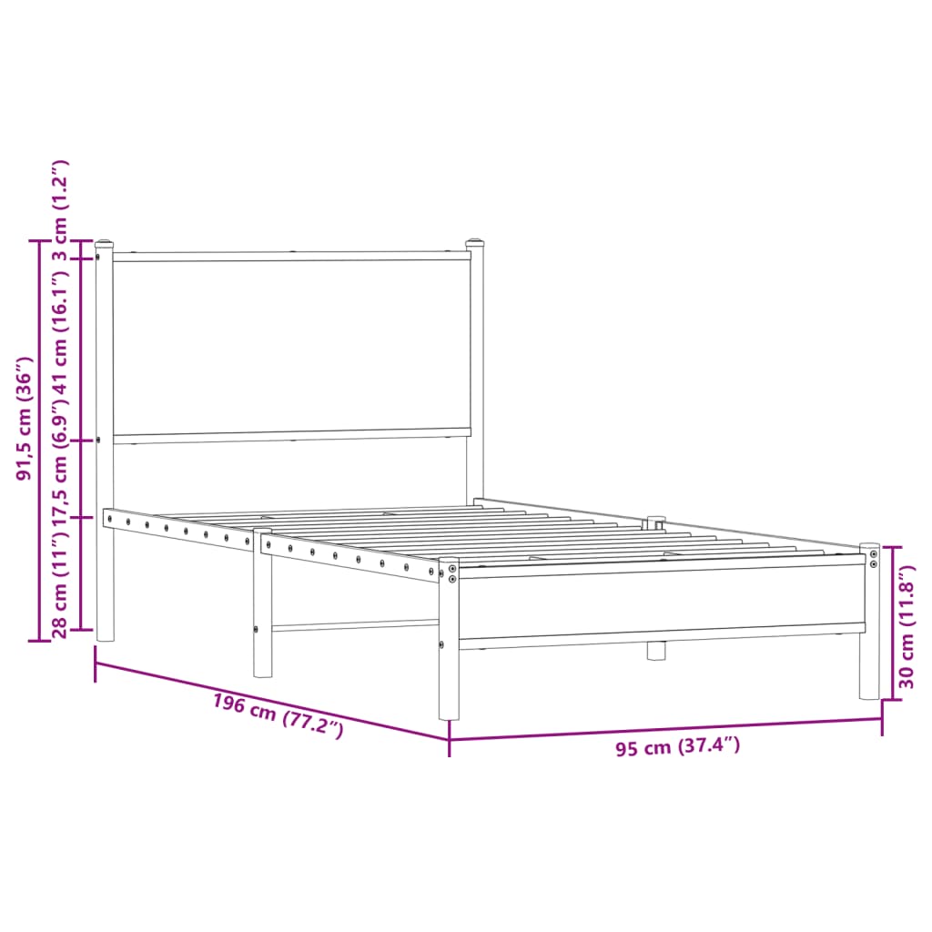 Metallbett ohne Matratze Braun Eichen-Optik 90x190 cm