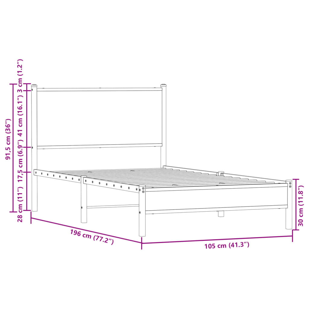 Metallbett ohne Matratze Braun Eichen-Optik 100x190 cm