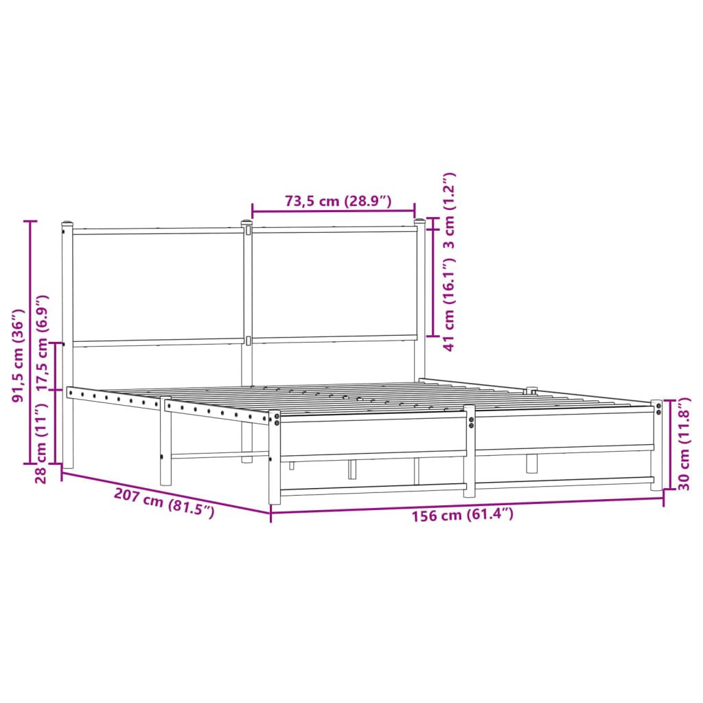 Metallbett ohne Matratze Braun Eichen-Optik 150x200 cm