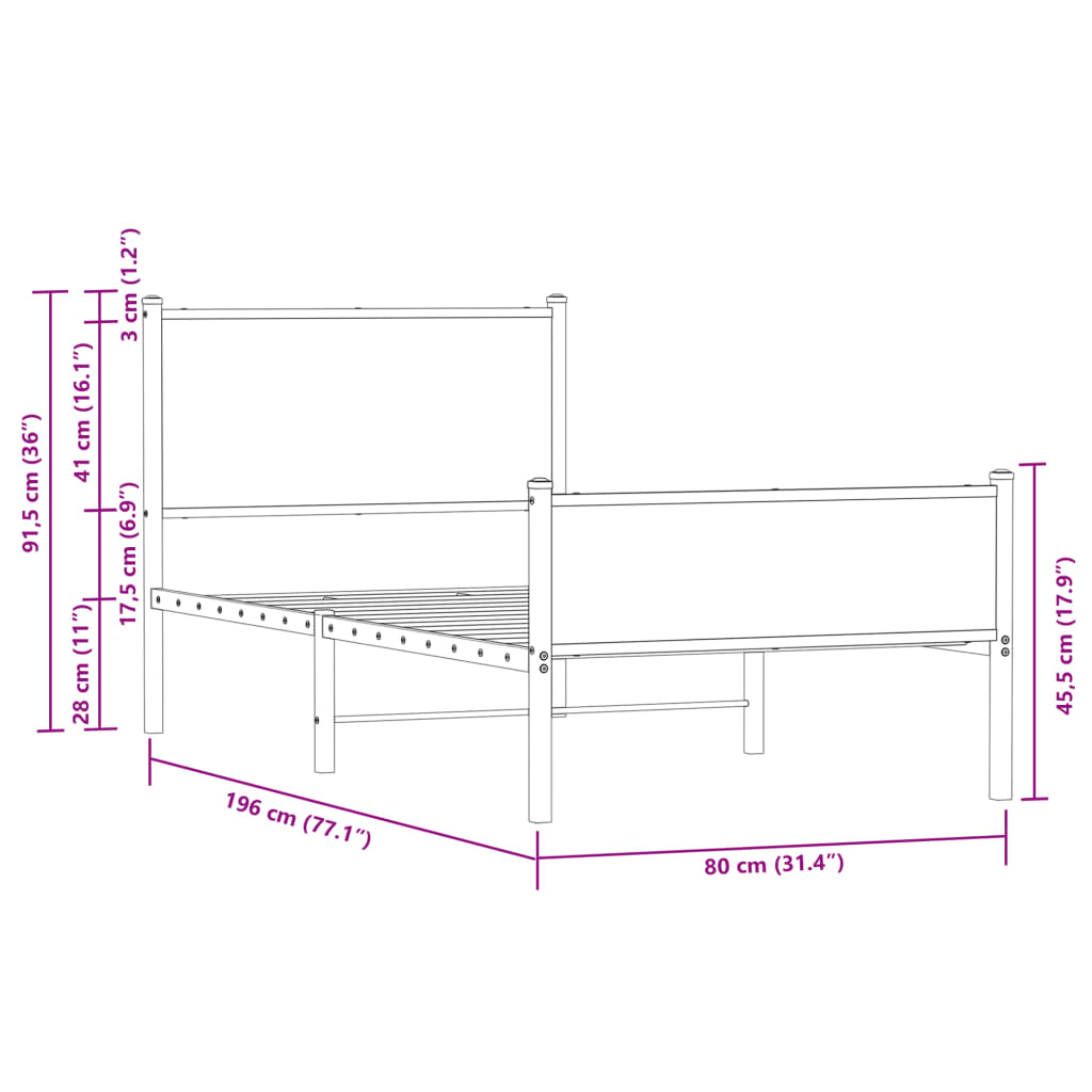 Metallbett ohne Matratze Braun Eichen-Optik 75x190 cm