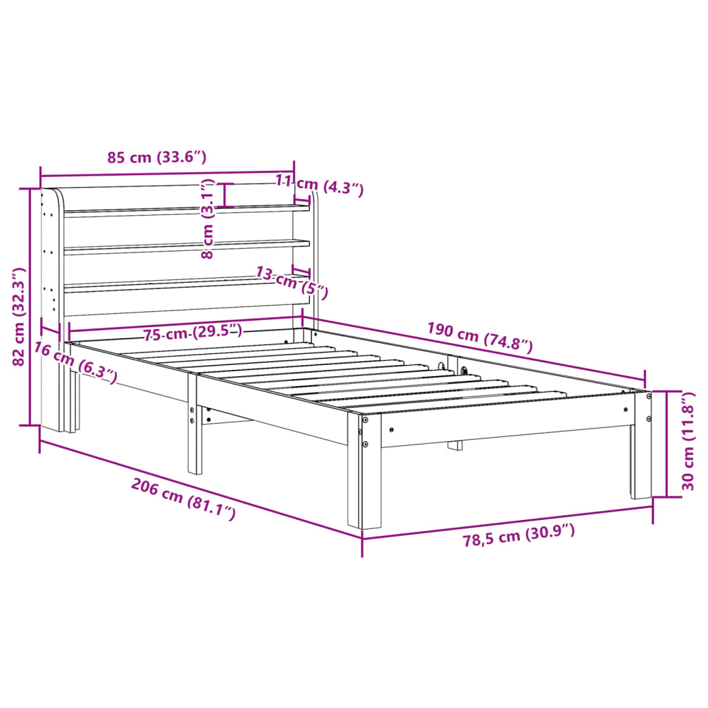 Bettgestell mit Kopfteil ohne Matratze 75x190 cm